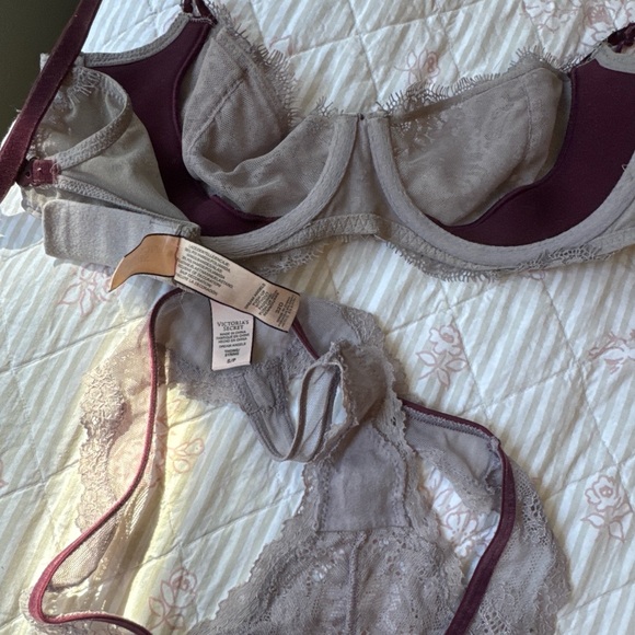 Victoria's Secret Taupe Lace Bra & Bikini Set with Plum Trim - Picture 3 of 3